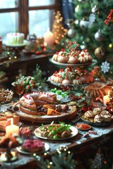 Thanksgiving Food and Dessert for party invitation, Christmas party celebration with dinner meal on table, Happy new year and Xmas scene, wooden table full of food and treats