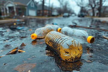 Cool-toned picture of sea pollution with plastic bottles and trash scattered on the shore. Highlights coastal pollution and environmental damage.