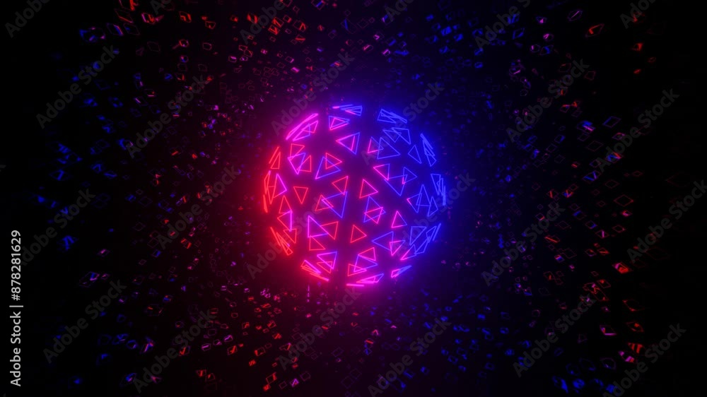 Poster vj loop mirror room with fly neon frame sphere structure. abstract festive bg with bright reflection