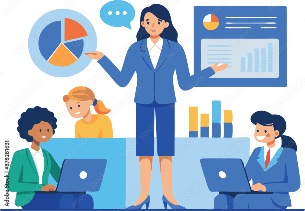 Poster business meeting presentation with diverse team discussing data charts and graphs