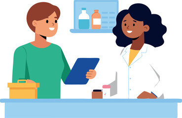 Fototapeta premium Pharmacist assisting customer with medication prescription in modern pharmacy setting