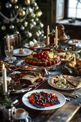 Thanksgiving Food and Dessert for party invitation, Christmas party celebration with dinner meal on table, Happy new year and Xmas scene, wooden table full of food and treats