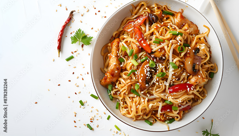 Wall mural stir fry egg noodles with chicken, sweet paprika, mushrooms, chives and sesame seeds in bowl. asian 