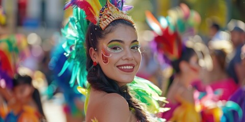 Fototapeta premium Woman in carnival costume with colorful feathers, Beautiful woman in colorful costume for carnival