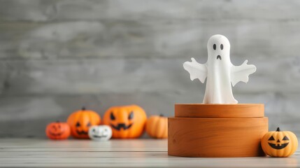 Ghostly figure presenting at a Halloween fair, podium Halloween, spectral presence