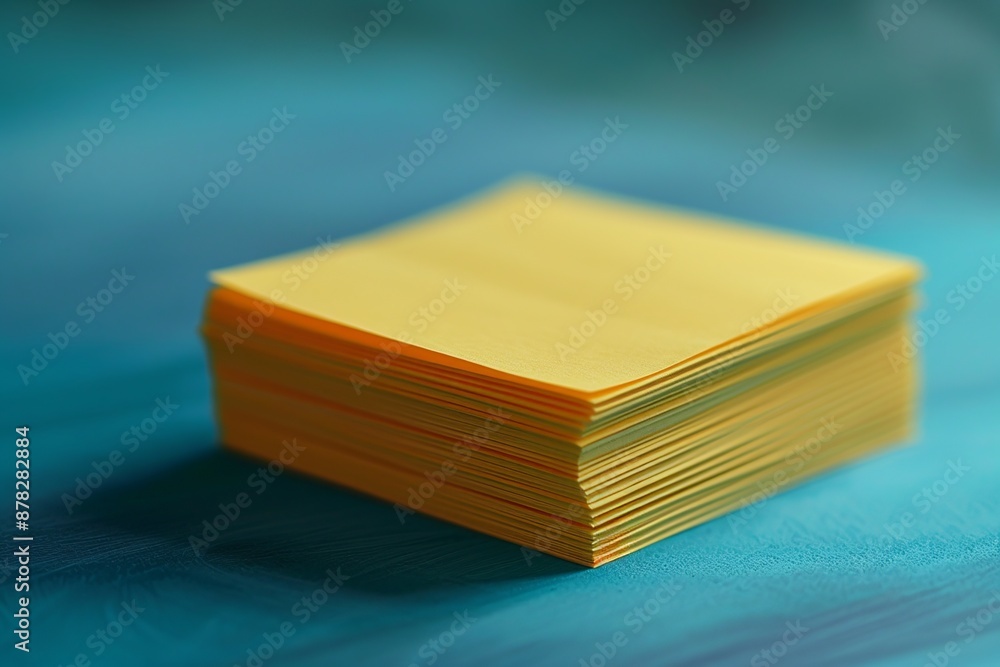 Poster view a stack of yellow sticky notes from a top-down perspective, featuring subtle reflections and tr