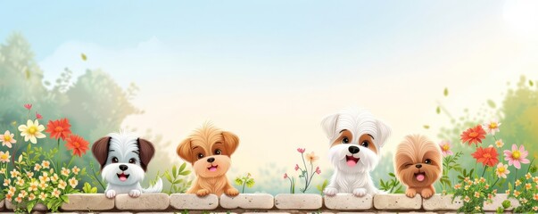 Fototapeta premium Park with playful dogs and vibrant flowers, cartoon background, outdoor enjoyment
