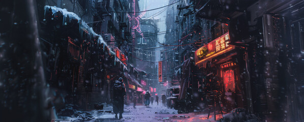 Snowy night in a neon-lit city alley