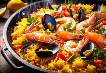 luxurious seafood paella cooking traditional skillet, preparation, shrimp, mussels, rice, saffron, gourmet, delicious, appetizing, tasty, spanish, meal