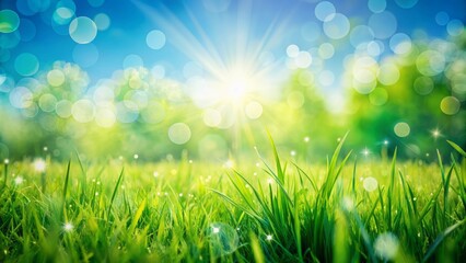 Obraz premium Vibrant green meadow with soft focus bokeh and clear blue sky, perfect for advertising, branding, or seasonal promotional materials.