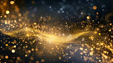 Golden sky. Abstract stardust smoky wave particles, Nano dynamic flow with 3d render particles gold heaven or space,glitter vintage lights background, dark gold and black, defocused
