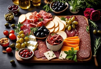 elegant meat antipasto platter arrangement stylish dining experience, charcuterie, display, assortment, appetizer, board, presentation, salami, prosciutto