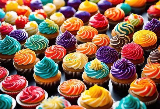 colorful mini cupcakes swirled sweet dessert party treats displayed, rainbow, lgbtq, lgbt, pride, love, equality, frosting, bakery, delicious, small, tasty