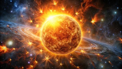 Vibrant orange sun blazes in the dark vastness of space surrounded by scattered stars and swirling clouds of interstellar gas.