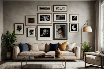 A beautiful living room interior featuring a gallery wall of assorted frames can be used as a wallpaper or abstract background.