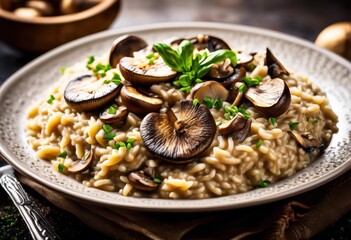 creamy mushroom risotto dish savory flavors rich texture, italian, arborio, rice, vegetarian, comfort, homemade, gourmet, delicious, dinner, lunch, recipe