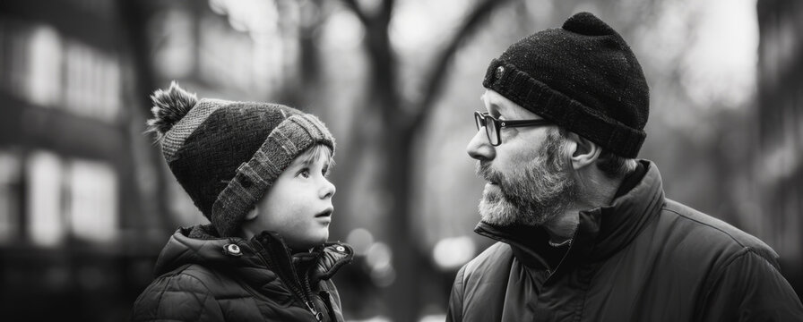 Fototapeta Black and white photo of a father and son wearing winter clothing in the city
