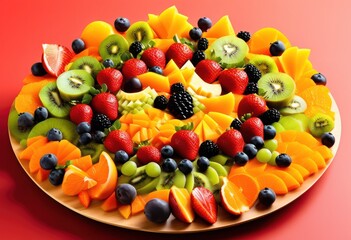 colorful geometric fruit salad arrangement vibrant fresh ingredients, display, patterned, assorted, healthy, appetizing, decorative, nutritious, organized