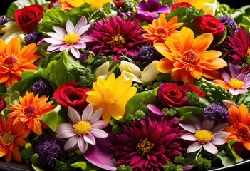 colorful salad bursting edible fresh vibrant mix flowers greens, blossoms, botanical, nutritious, healthy, organic, natural, beautiful, appetizing, culinary