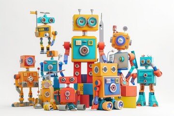 A group of robots are standing together on background