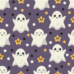  Seamless Halloween pattern with ghosts on a purple background. Suitable for wallpaper, textile prints, covers, digital backgrounds, scrapbooking, etc.