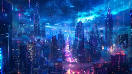 futuristic digital hologram background that simulates a cityscape at dusk