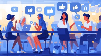 Colorful digital art of various people using communication smart phones accessing social media on their devices, sitting with various digital icons and logos floating around them