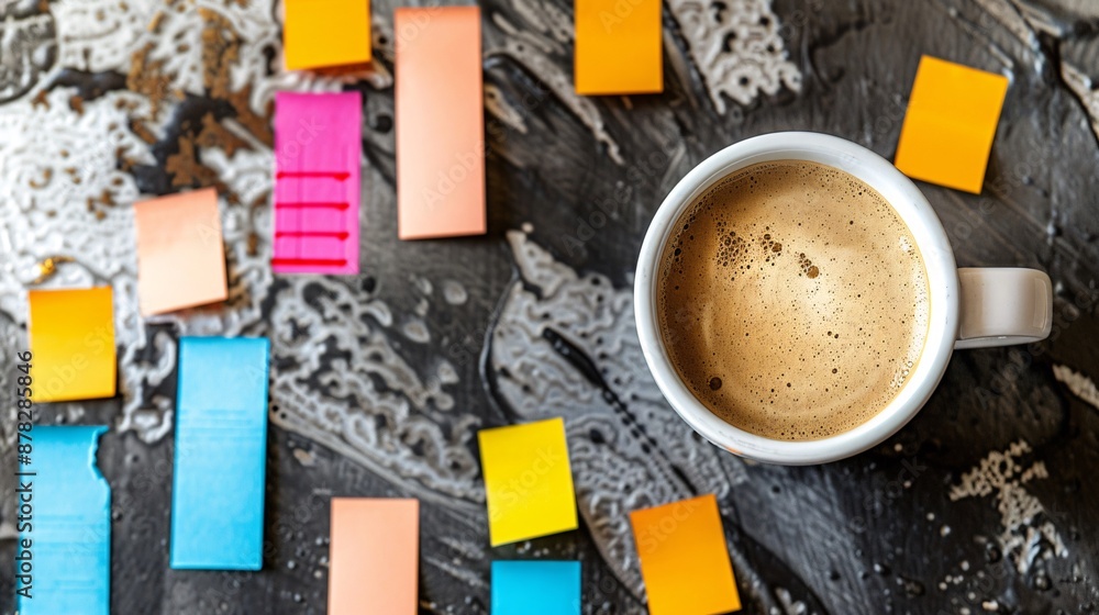 Poster 2d flat lay of a desk with a paper laptop coffee cup sticky notes and financial graphs stock photo w