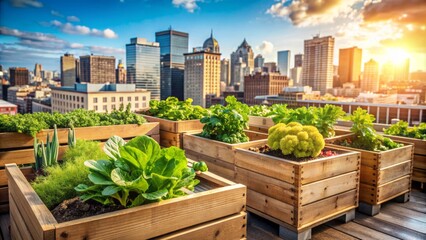 Fototapeta premium lush green vegetables thrive in wooden planters on a sunny city rooftop, surrounded by rustic decorative elements.