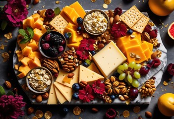 extravagant cheese platter decorative enhancements, board, lavish, gourmet, appetizer, snack, varied, culinary, tasty, elegant, adorned, garnished