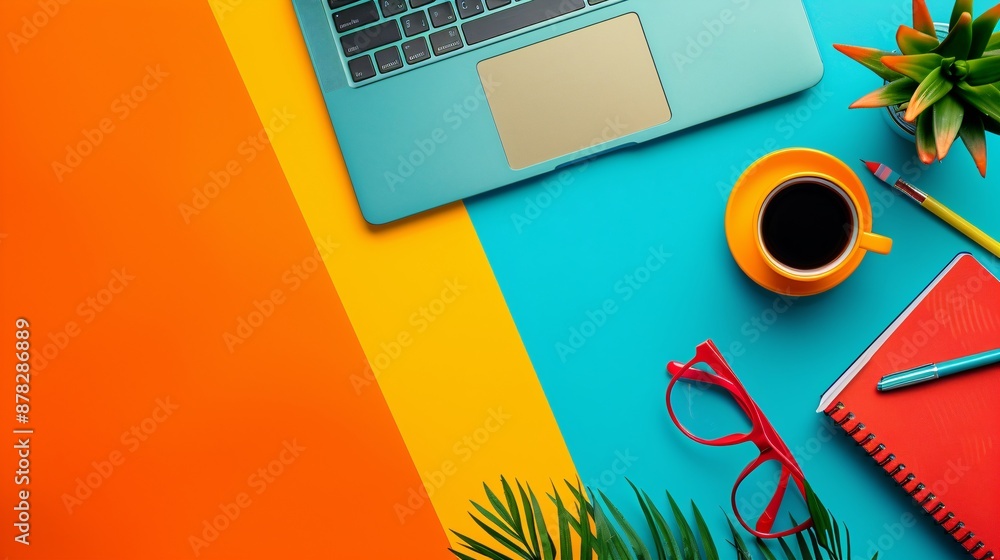 Aufkleber 2d flat lay paper crafted desk setup with a coffee cup laptop notebook and financial items stock pho