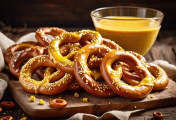 handcrafted pretzels mustard rustic wooden board, snack, bakery, homemade, delicious, fresh, baked, savory, dipping, condiment, appetizer, crunchy, salty