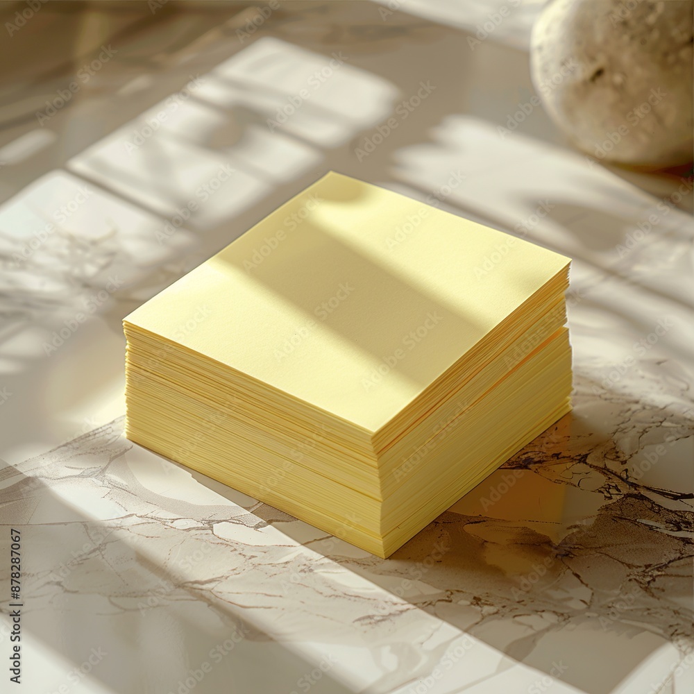 Poster view a stack of yellow sticky notes from a top-down perspective, featuring subtle reflections and tr