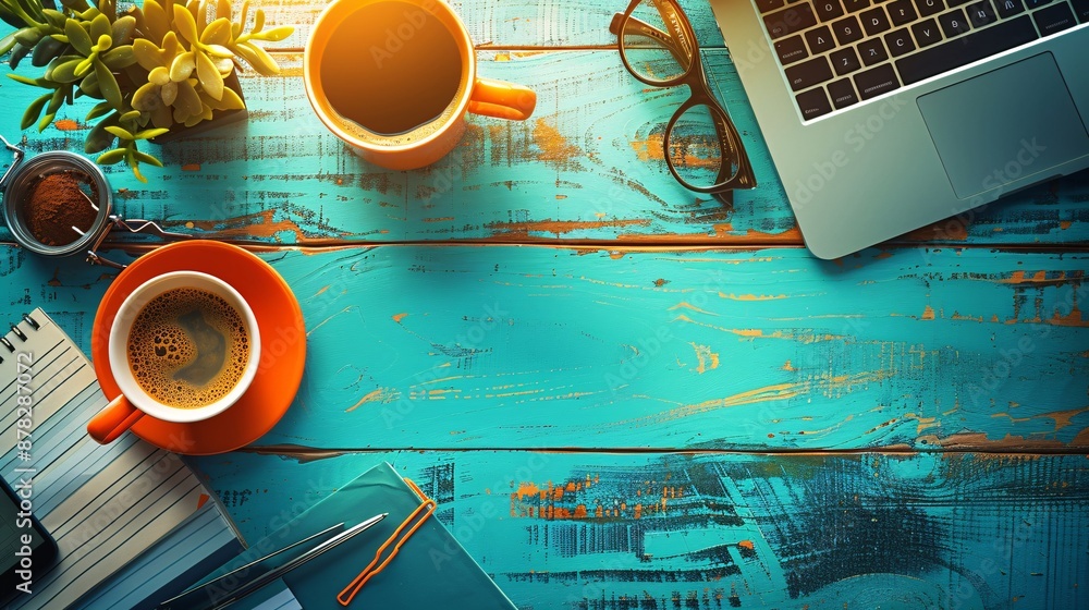 Poster 2d flat lay paper crafted desk setup with a coffee cup laptop notebook and financial items stock pho