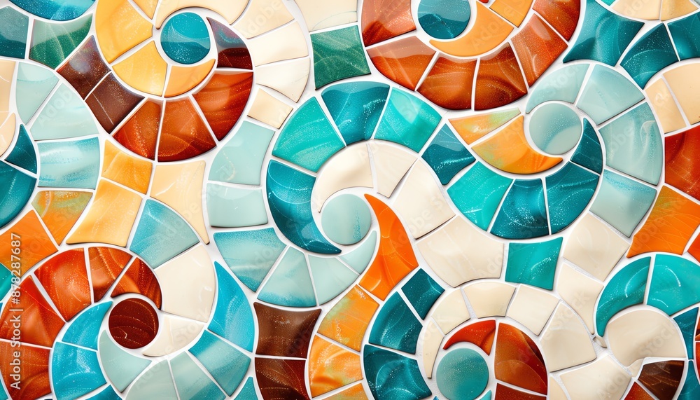 Poster swirling mosaic pattern with a sense of movement, focus cover all object, deep depth of field, no bl