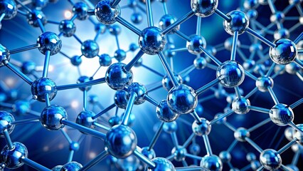 Abstract blue background features intricate molecular structure of crystal lattice, conveying science and technology concepts with ample copy space available.