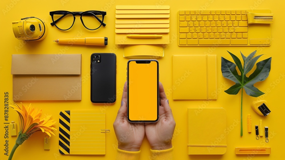 Poster 2D flat lay paper crafted desk setup with a smartphone glasses notebook and financial items Stock Photo with copy space