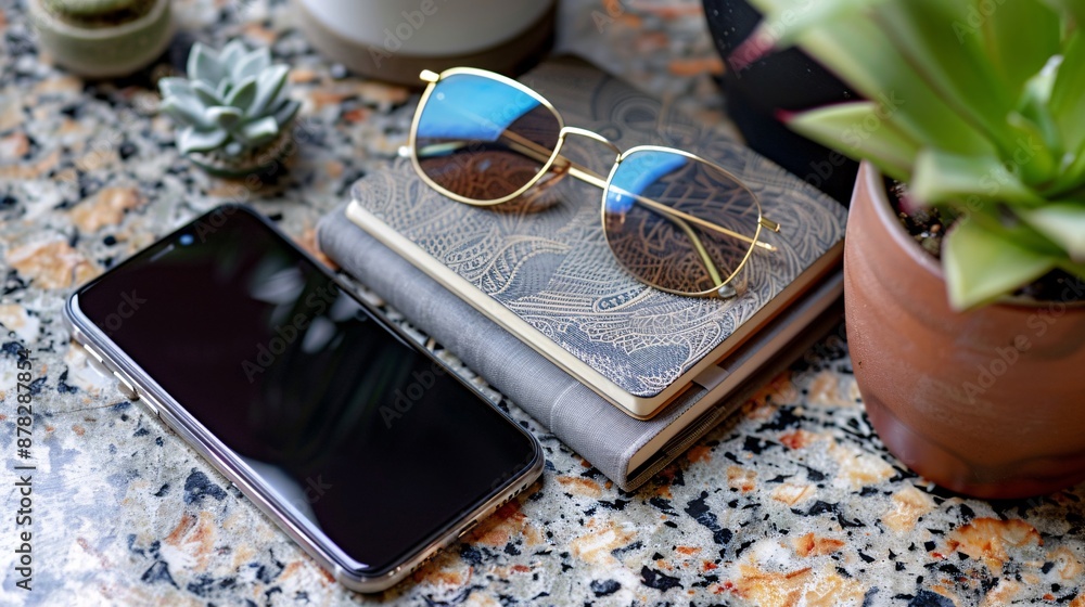 Aufkleber 2d flat lay paper crafted desk setup with a smartphone glasses notebook and financial items stock ph