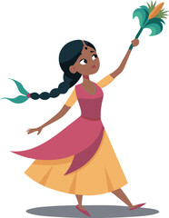 Obraz premium Happy girl waving with feather in hand, wearing traditional dress