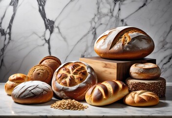 assortment artisan breads displayed elegant marble countertop, baked, goods, fresh, bakery, homemade, gourmet, rustic, traditional, various, selection