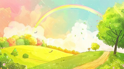 Fototapeta premium Vibrant landscape with trees, rainbow, sunshine, and winding path.