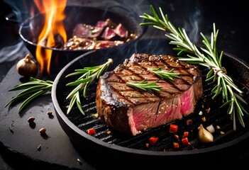 sizzling grilled steak seasoned fresh rosemary garlic hot grill, delicious, juicy, meat, barbecue, cooking, dinner, tasty, beef, cooked, herbs, aromatic