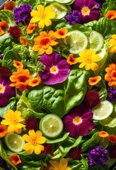 vibrant green salad edible fresh colorful culinary delight, flowers, lettuce, healthy, appetizing, nutritious, colors, delicious, organic, ingredients