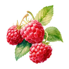 Watercolor illustration of raspberries with leaves branch isolated on white, red raspberry illustration
