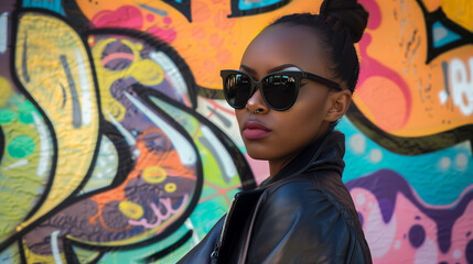 woman wearing black jacket and sunglasses with graffiti wall