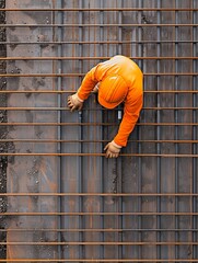 A construction worker in an orange uniform works on a rebar steel framework, viewed from above. The worker is engaged in a building project.