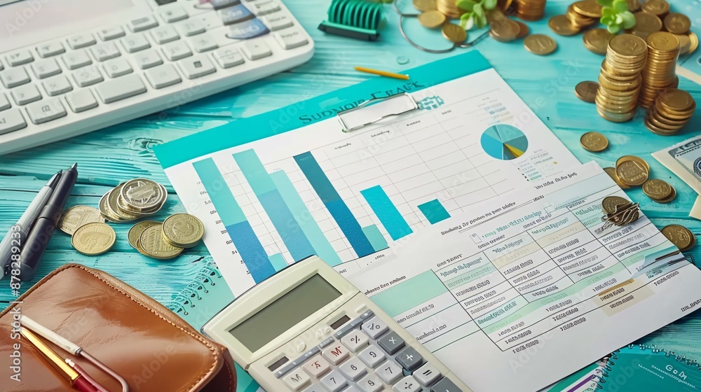 Poster financial planning flat lay with paper crafted graphs budget sheets and a calendar stock photo with 