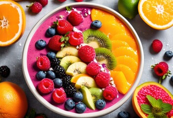 vibrant summer fruit smoothie bursting refreshing citrus healthy tropical vibes, flavors, nutrition, drink, beverage, blended, juicy, delicious, colorful