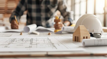 Architect's desk with building plans, helmet, and wooden house model. Architect in background analyzing design for construction project.