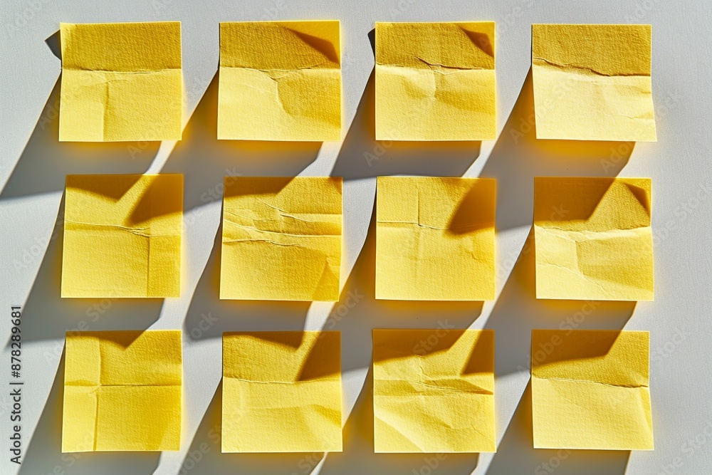 Poster view a stack of yellow sticky notes from a top-down perspective, featuring subtle reflections and tr